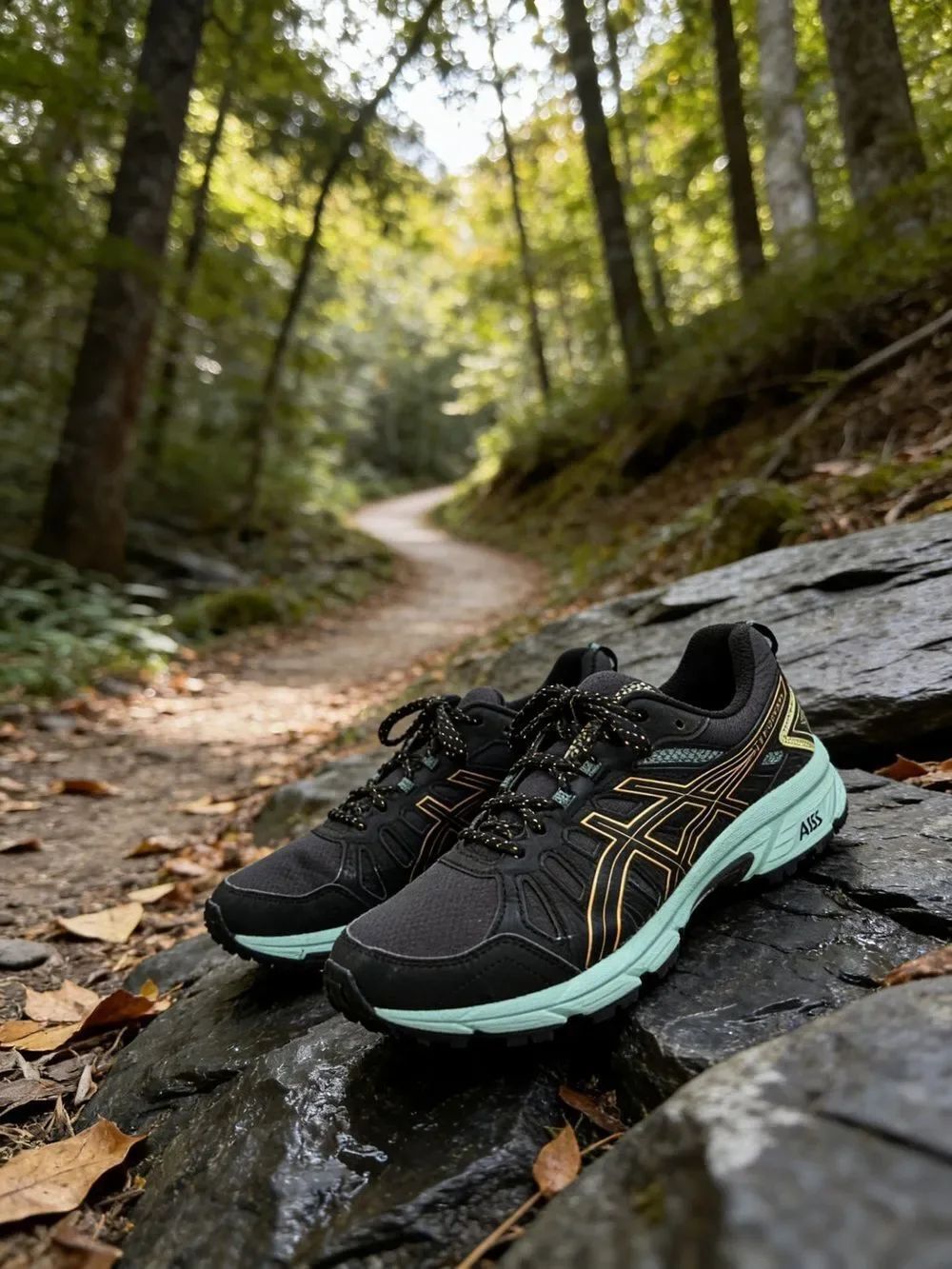 ASICS women’s Black Sneakers with Mint and Gold Accents size 10